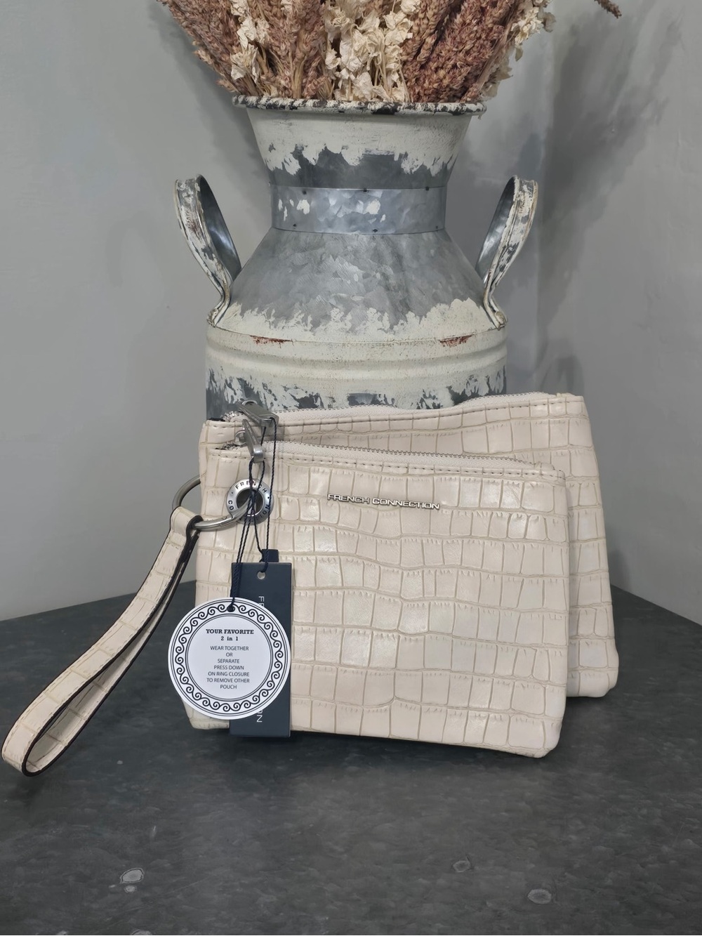 French Connection Cream Croc-Embossed 2-in-1 Wristlet Pouch Set NWT